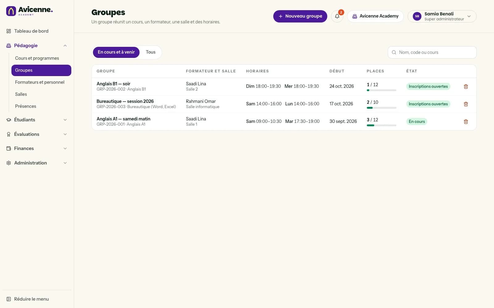 Avicenne — Back-office — groupes, formateurs, salles et horaires