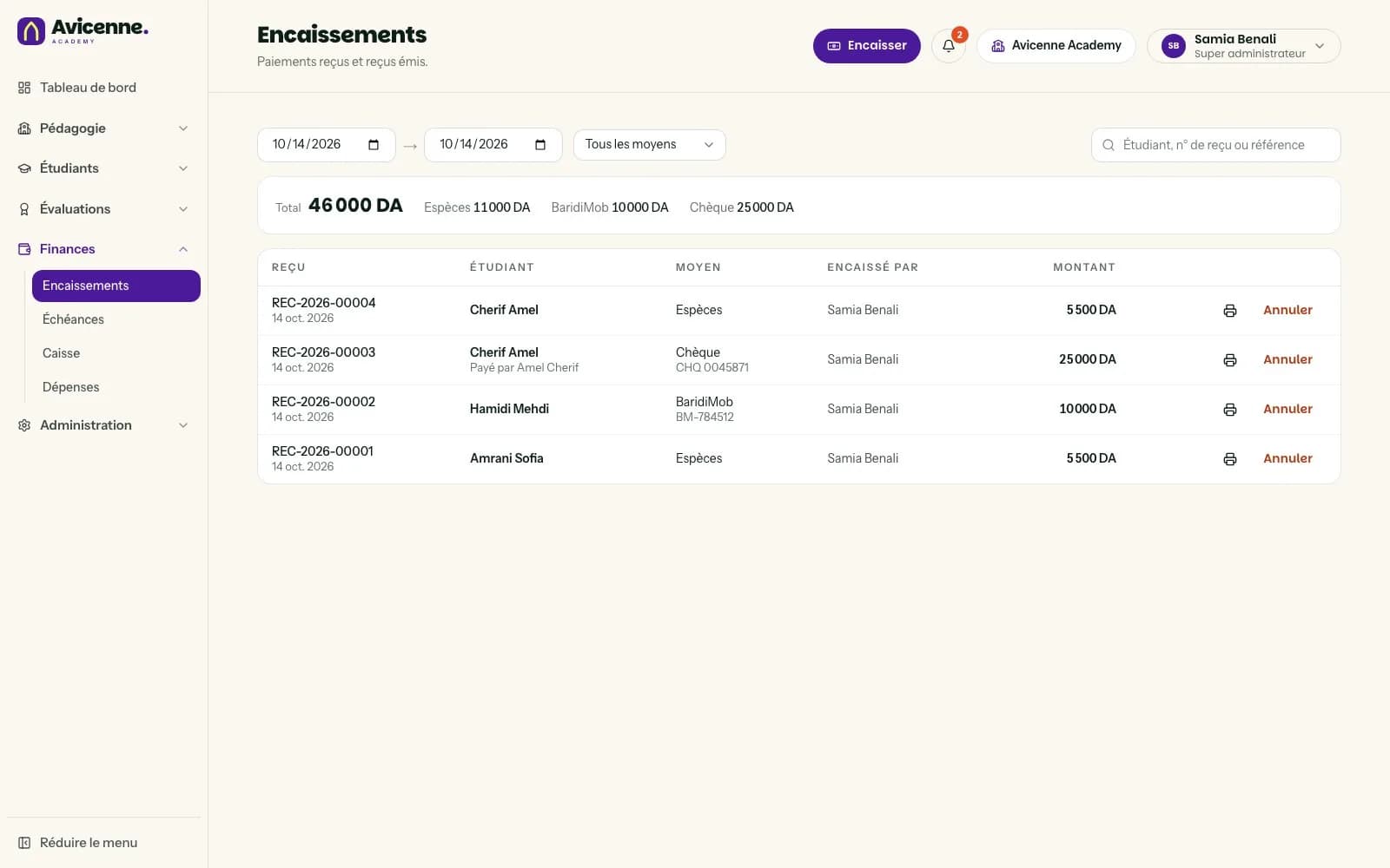 Avicenne — Back-office — encaissements (espèces, BaridiMob, chèque)