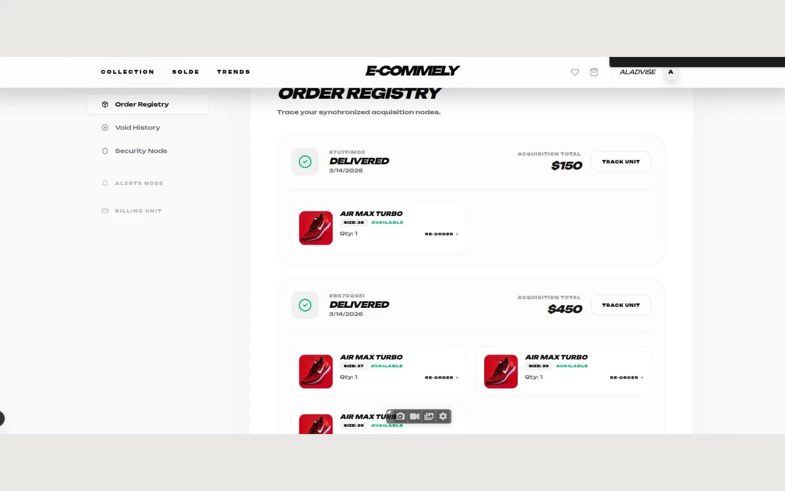 Ecommely — Espace client — historique des commandes
