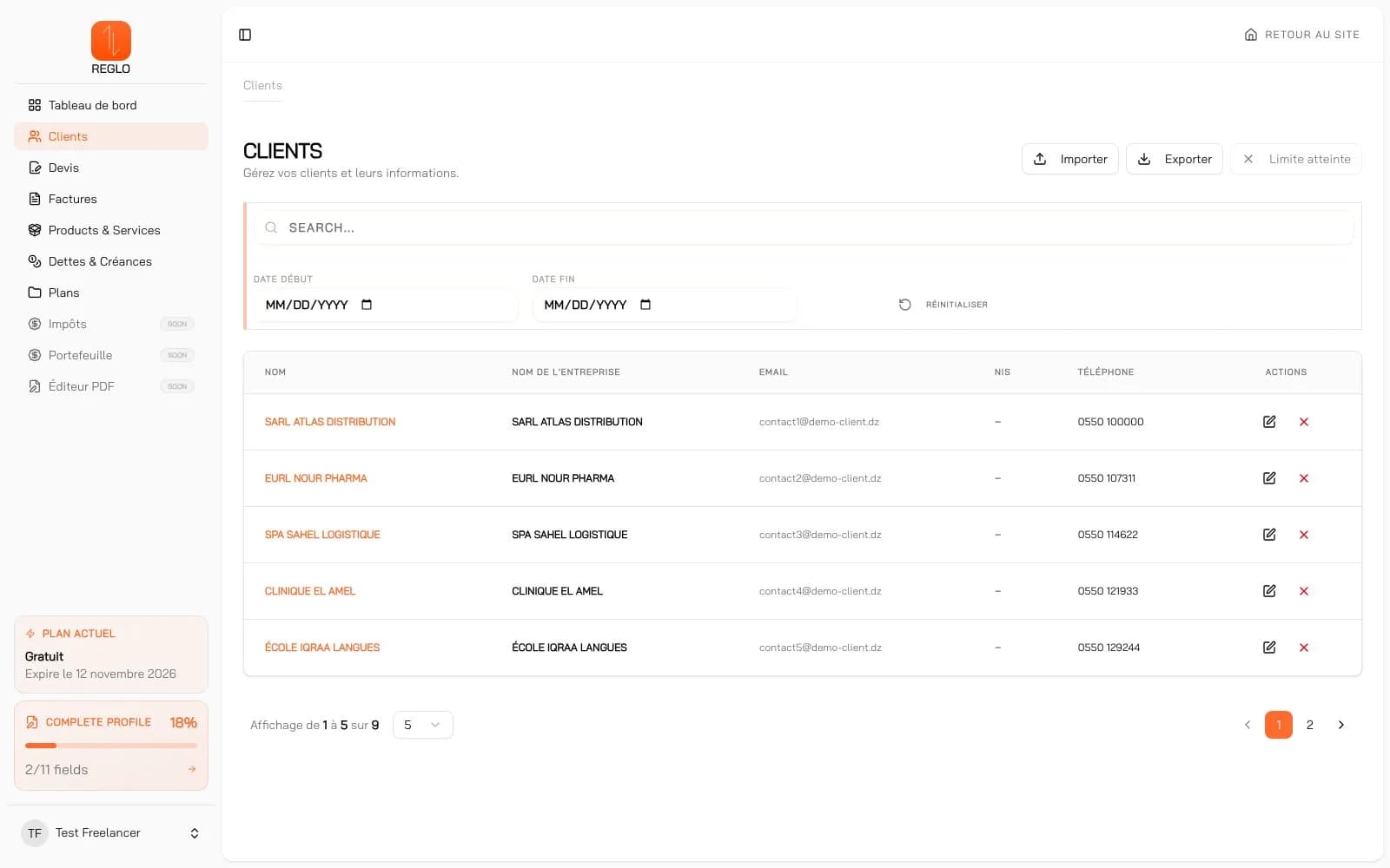 Reglo — App — fichier clients (NIF, NIS, RC)