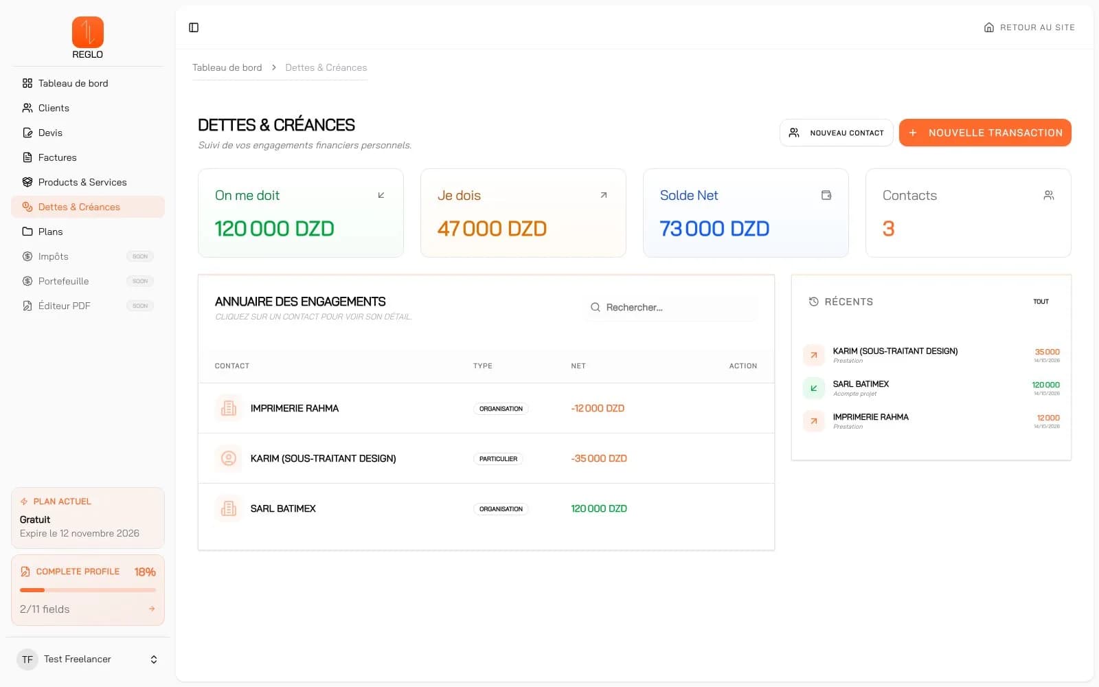 Reglo — App — dettes et créances