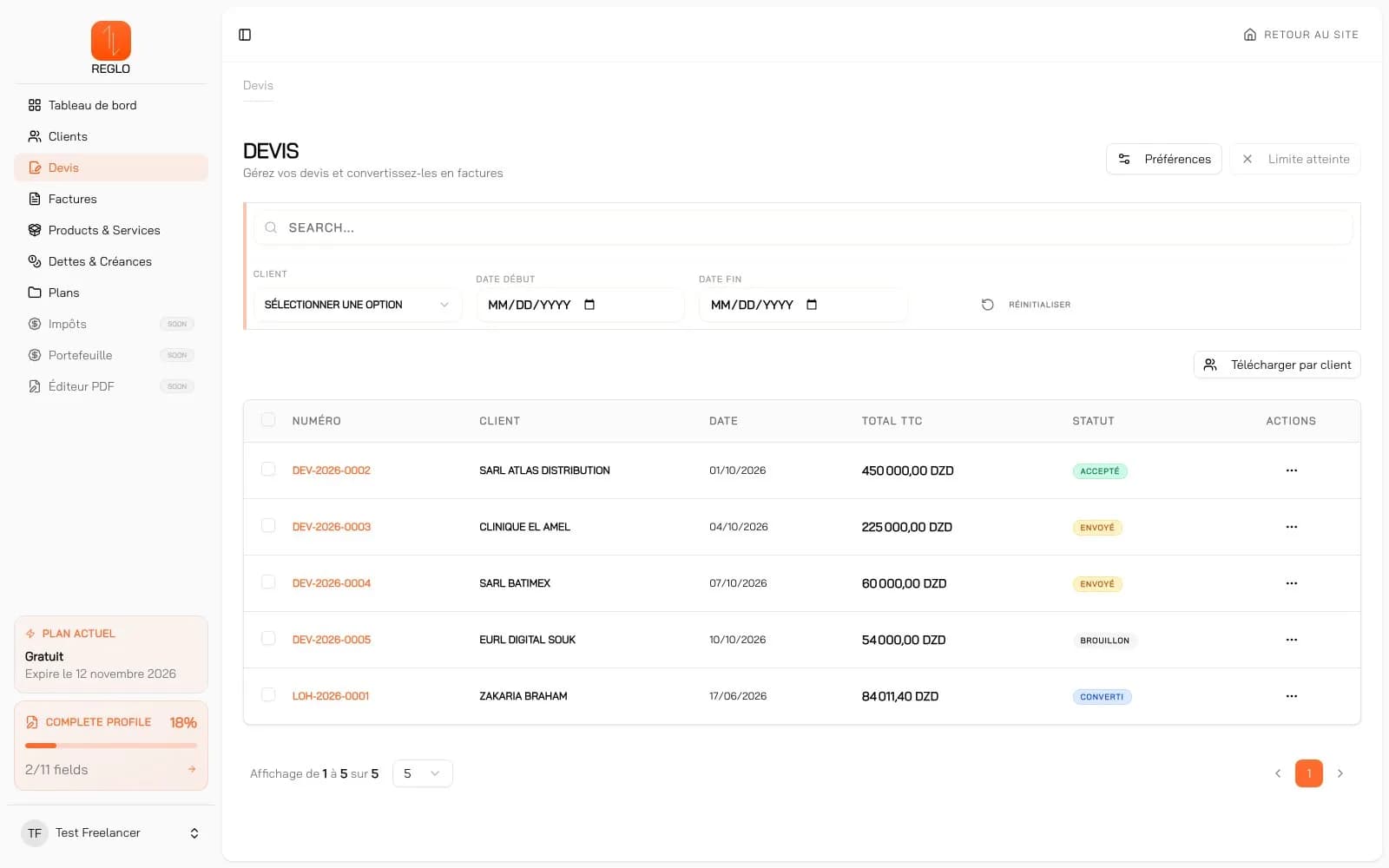 Reglo — App — devis et conversion en facture